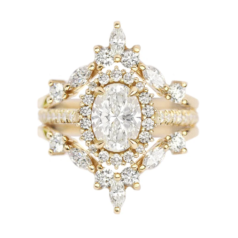 Women's Diamond Rings with Side - Stone Pave Setting for a Sparkling and Continuous ShineOval Diamond Halo Engagement ring "Nia' & Two "Hermes" Nesting Bands Three Rings Set Women's Diamond Rings with Side - Stone Pave Setting for a Sparkling and Continuous ShineOval Diamond Halo Engagement ring "Nia' & Two "Hermes" Nesting Bands Three Rings Set