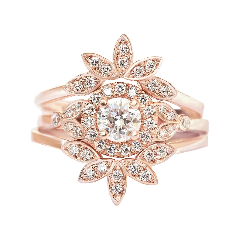 Women's Diamond Rings with Amethyst and Diamond Combinations for a Purple - Hued EleganceRound Diamond Halo & Leaves Engagement Three Ring Set Rome ♥ Women's Diamond Rings with Amethyst and Diamond Combinations for a Purple - Hued EleganceRound Diamond Halo & Leaves Engagement Three Ring Set Rome ♥