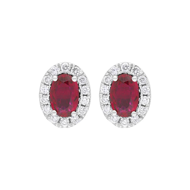 18ct White Gold Ruby Diamond Oval Cluster Stud Earrings