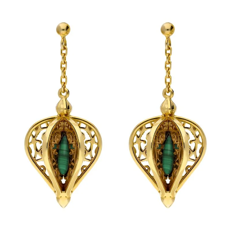 Yellow Gold Plated Sterling Silver Malachite Flore Filigree Drop Earrings