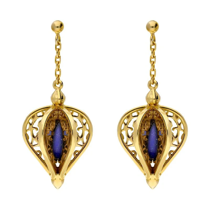 Yellow Gold Plated Sterling Silver Lapis Lazuli Flore Filigree Drop Earrings