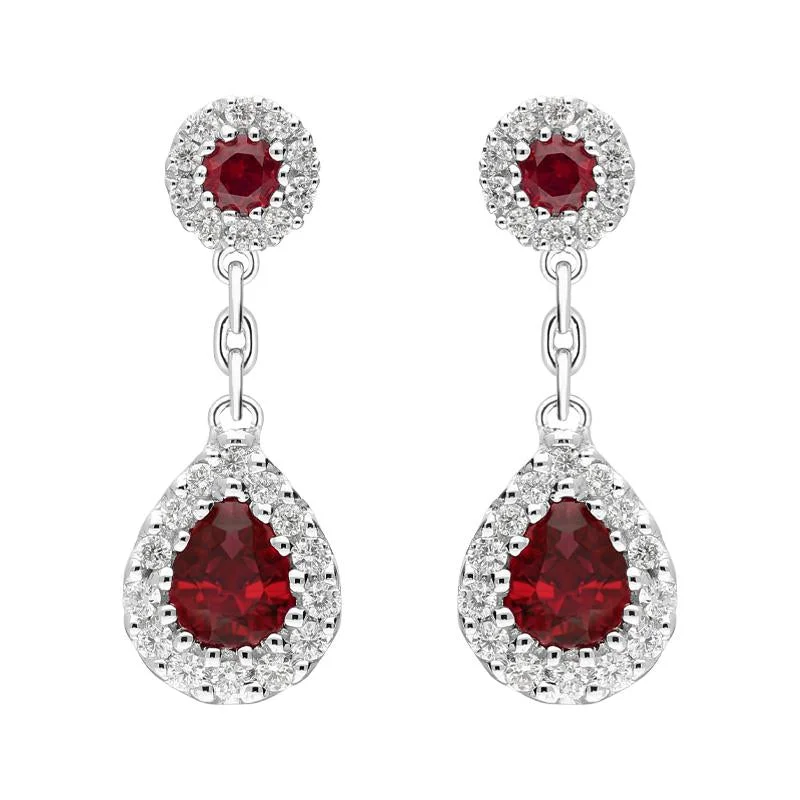 18ct White Gold 0.82ct Ruby Diamond Pear Cluster Drop Earrings