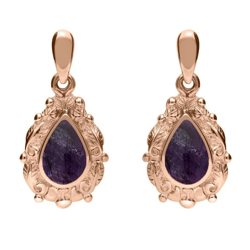 18ct Rose Gold Blue John Pear Shaped Leaf Drop Earrings