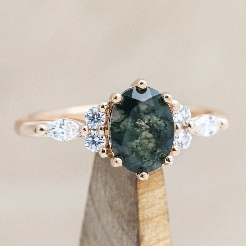 Men's Tanzanite Engagement Rings in Palladium with a Three - Stone Arrangement"SAGE" - OVAL CUT MOSS AGATE ENGAGEMENT RING WITH DIAMOND ACCENTS Men's Tanzanite Engagement Rings in Palladium with a Three - Stone Arrangement"SAGE" - OVAL CUT MOSS AGATE ENGAGEMENT RING WITH DIAMOND ACCENTS