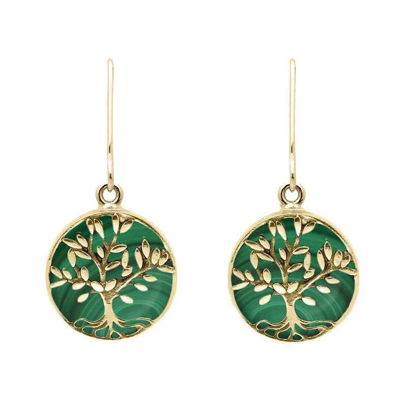 9ct Yellow Gold Malachite Round Large Tree of Life Leaves Drop Earrings