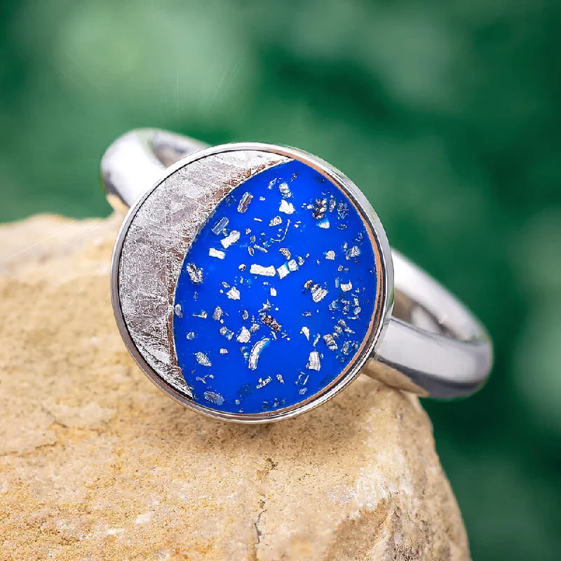 Fashion Rings with Initial Charms in Silver - Plated Metal for a Custom AccessoryStarry Night Ring with Meteorite Moon and Blue Stardust Fashion Rings with Initial Charms in Silver - Plated Metal for a Custom AccessoryStarry Night Ring with Meteorite Moon and Blue Stardust