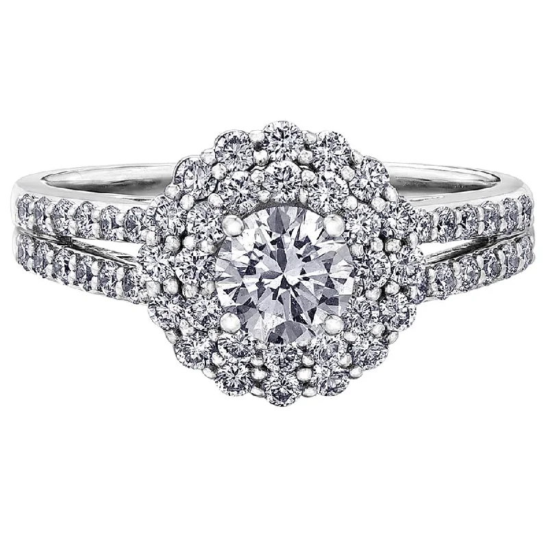 Women's Solitaire Diamond Rings with Round - Cut Diamonds and Platinum Settings for an Elegant EngagementFloral Canadian Diamond Ring with Double Halo Women's Solitaire Diamond Rings with Round - Cut Diamonds and Platinum Settings for an Elegant EngagementFloral Canadian Diamond Ring with Double Halo