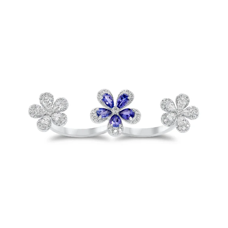 Rhinestone - Embellished Fashion Rings in Silver - Tone Metal for a Glamorous TouchTanzanite & Diamond Flower Two-Finger Ring Rhinestone - Embellished Fashion Rings in Silver - Tone Metal for a Glamorous TouchTanzanite & Diamond Flower Two-Finger Ring