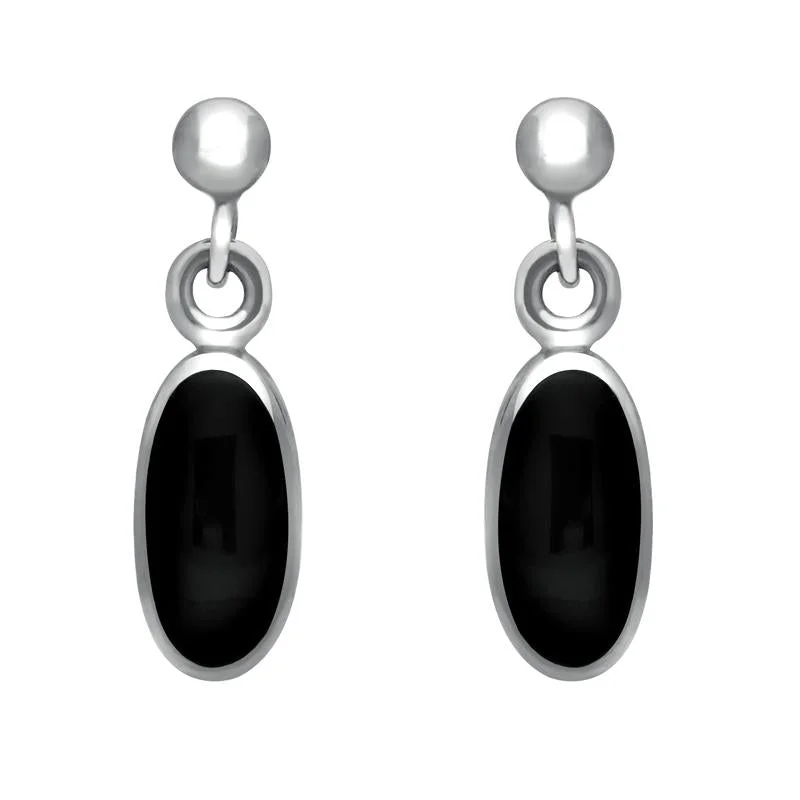 Sterling Silver Whitby Jet Small Long Oval Drop Earrings