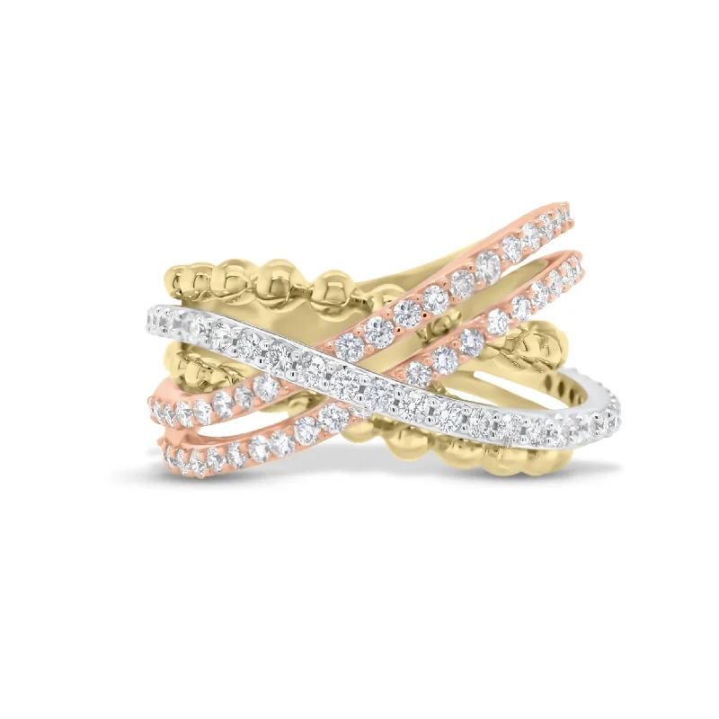Rhinestone - Embellished Fashion Rings in Silver - Tone Metal for a Glamorous TouchDiamond & Tricolor Gold Crossover Ring Rhinestone - Embellished Fashion Rings in Silver - Tone Metal for a Glamorous TouchDiamond & Tricolor Gold Crossover Ring
