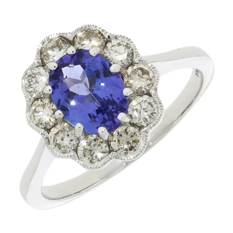 Channel - Set Women's Diamond Rings with Diamonds Securely Held in a Metal Groove for Durability9ct White Gold 1.29cts Tanzanite and 0.80cts Diamond Cluster Ring Channel - Set Women's Diamond Rings with Diamonds Securely Held in a Metal Groove for Durability9ct White Gold 1.29cts Tanzanite and 0.80cts Diamond Cluster Ring