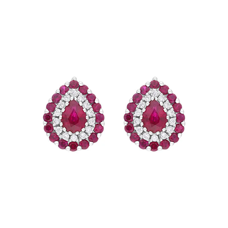 18ct White Gold Ruby Diamond Surround Teardrop Stud Earrings