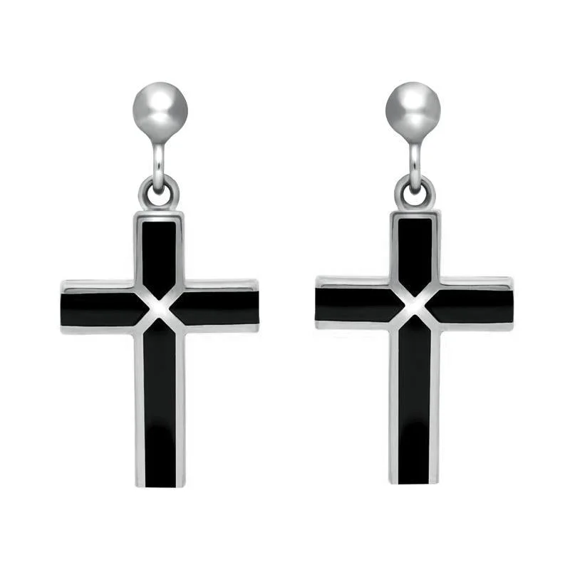 Sterling Silver Whitby Jet Four Stone Cross Drop Earrings