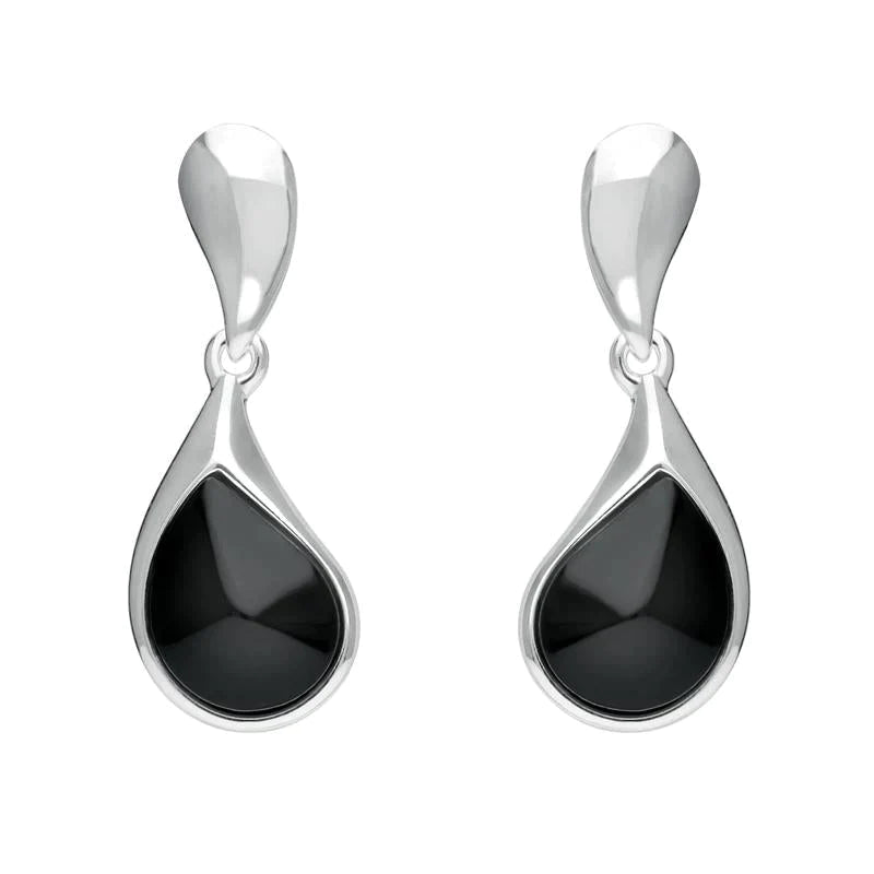 Sterling Silver Whitby Jet Curved Pear Drop Earrings