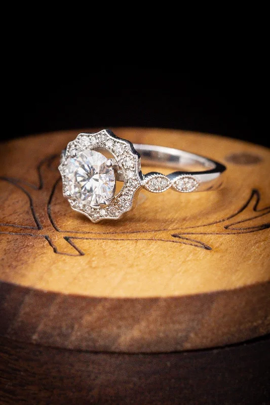 Men's Opal Engagement Rings in 10K Gold with a Milgrain - Trimmed BandROUND CUT MOISSANITE ENGAGEMENT RING WITH DIAMOND HALO & ACCENTS Men's Opal Engagement Rings in 10K Gold with a Milgrain - Trimmed BandROUND CUT MOISSANITE ENGAGEMENT RING WITH DIAMOND HALO & ACCENTS