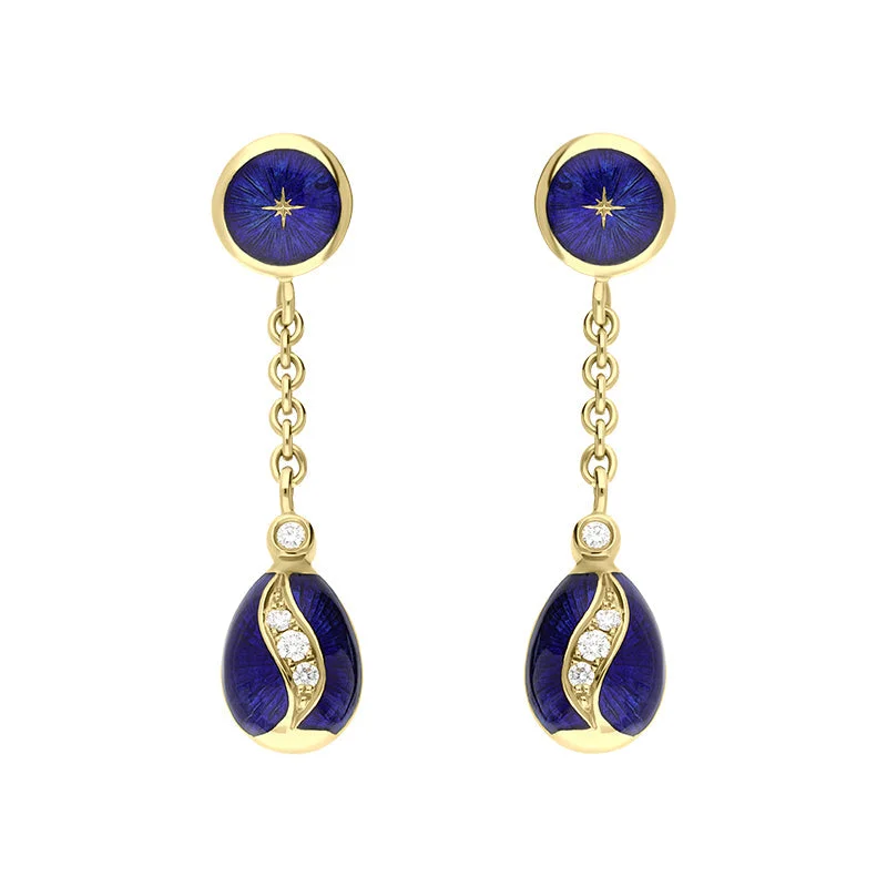 Faberge Victor Mayer 18ct Yellow Gold 0.11ct Diamond Blue Enamel Egg Drop Earrings
