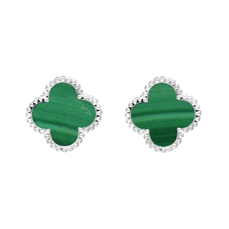18ct White Gold Malachite Bloom Four Leaf Clover Ball Edge Stud Earrings