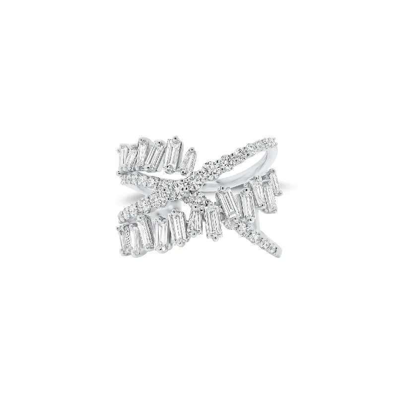 Stackable Fashion Rings in Rose - Gold Tone with Delicate Floral EngravingsBaguette & Round Diamond Crossover Ring Stackable Fashion Rings in Rose - Gold Tone with Delicate Floral EngravingsBaguette & Round Diamond Crossover Ring