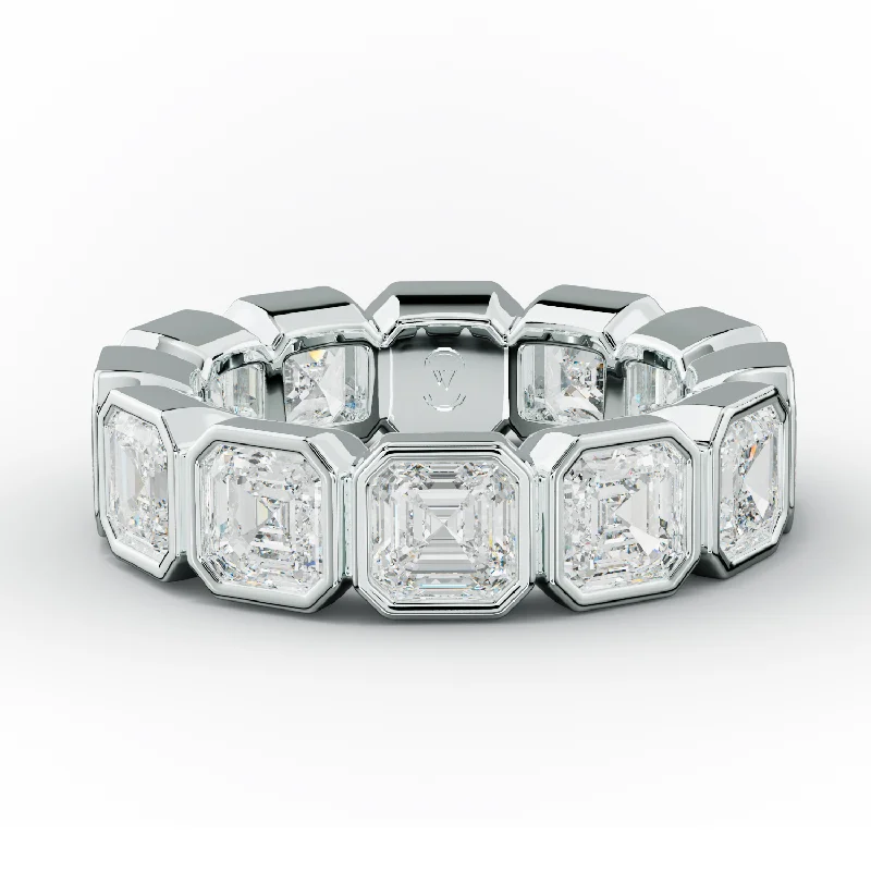 Marquise - Cut Women's Diamond Rings in Palladium for a Unique and Elongated Shape6.0 Carat Bezel Set Asscher Cut Diamond Eternity Band Marquise - Cut Women's Diamond Rings in Palladium for a Unique and Elongated Shape6.0 Carat Bezel Set Asscher Cut Diamond Eternity Band