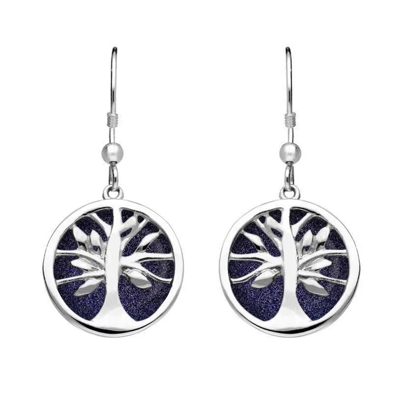 Sterling Silver Blue Goldstone Round Tree of Life Drop Earrings
