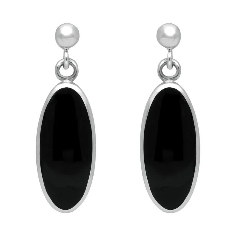 Sterling Silver Whitby Jet Light Long Oval Drop Earrings
