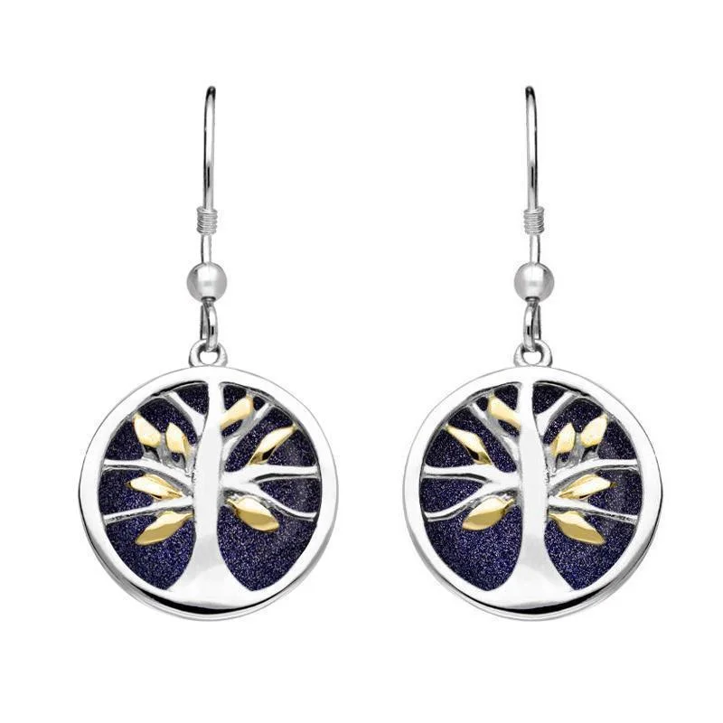 Sterling Silver Gold Plate Blue Goldstone Round Tree of Life Drop Earrings