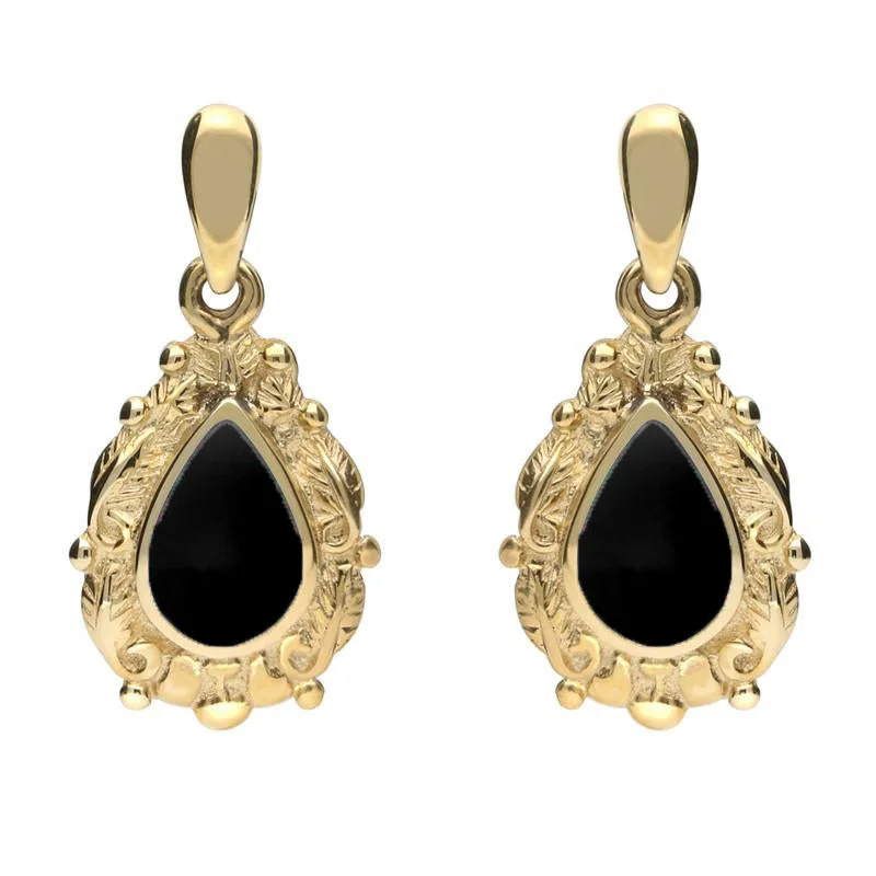 18ct Yellow Gold Whitby Jet Pear Shaped Leaf Drop Earrings