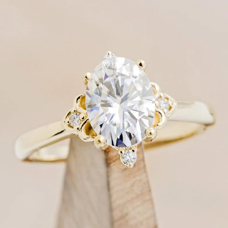 Men's Emerald Engagement Rings with 14K Yellow Gold and Vintage - Style Filigree"ZELLA" - OVAL CUT MOISSANITE ENGAGEMENT RING WITH DIAMOND ACCENTS Men's Emerald Engagement Rings with 14K Yellow Gold and Vintage - Style Filigree"ZELLA" - OVAL CUT MOISSANITE ENGAGEMENT RING WITH DIAMOND ACCENTS