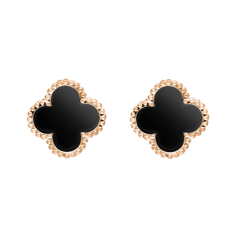 18ct Rose Gold Whitby Jet Bloom Four Leaf Clover Ball Edge Stud Earrings