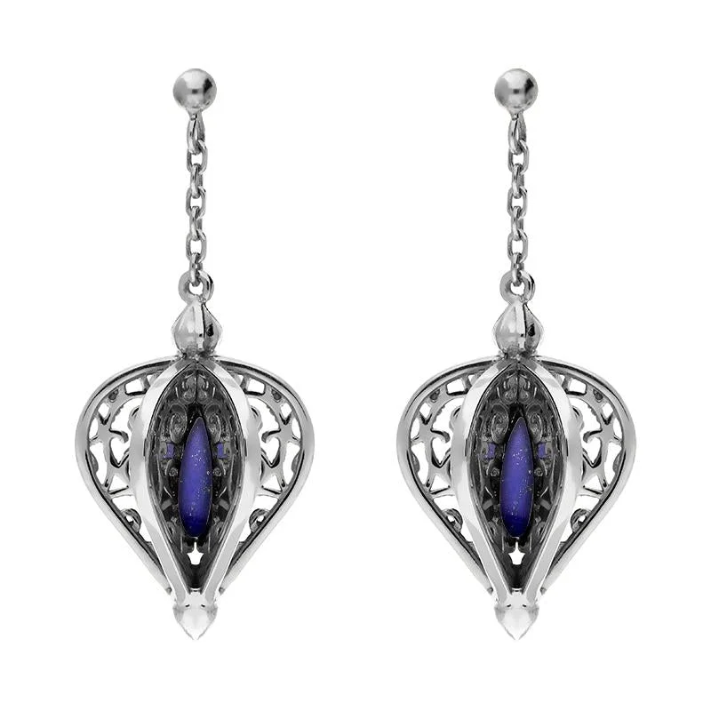 9ct White Gold Lapis Lazuli Flore Filigree Drop Earrings