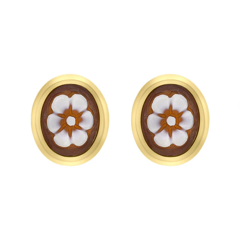 Cameo Italy Yellow Gold Plated Sterling Silver Oval Flower Earrings D