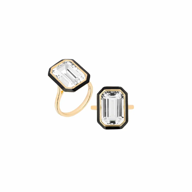 Fashion Rings with Initial Charms in Silver - Plated Metal for a Custom AccessoryRock Crystal Black Enamel Queen Ring Fashion Rings with Initial Charms in Silver - Plated Metal for a Custom AccessoryRock Crystal Black Enamel Queen Ring
