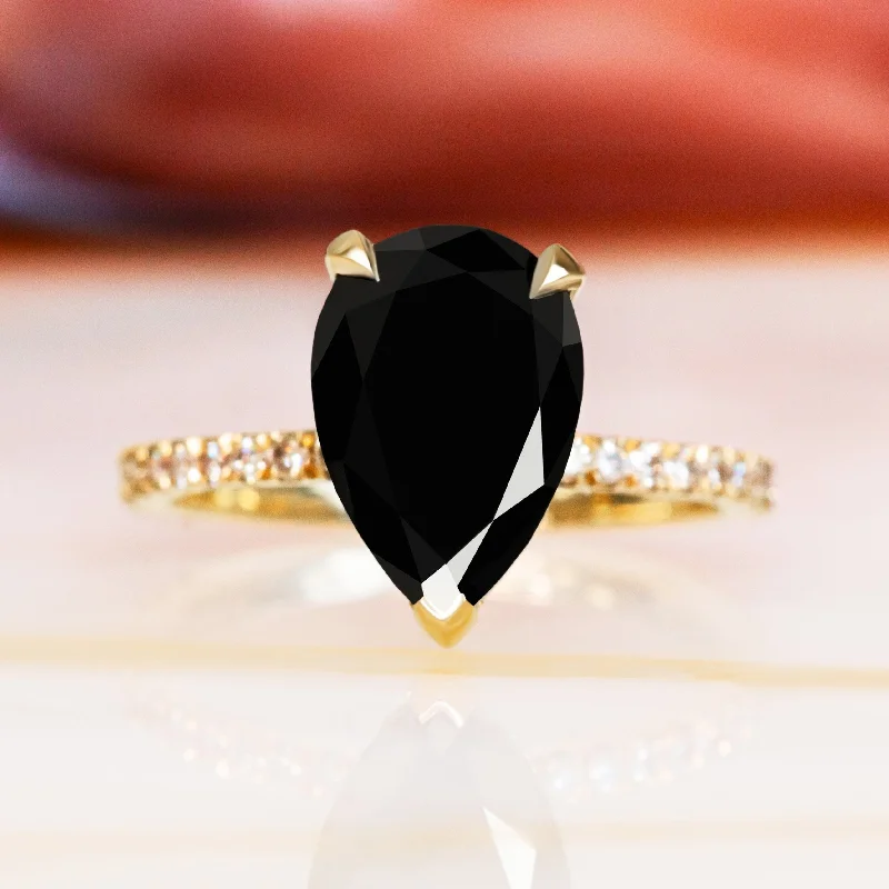 Women's Diamond Rings with Amethyst and Diamond Combinations for a Purple - Hued EleganceForbidden Fruit - Hidden Halo Natural Black Diamond Pear Engagement Ring in Yellow Gold Women's Diamond Rings with Amethyst and Diamond Combinations for a Purple - Hued EleganceForbidden Fruit - Hidden Halo Natural Black Diamond Pear Engagement Ring in Yellow Gold