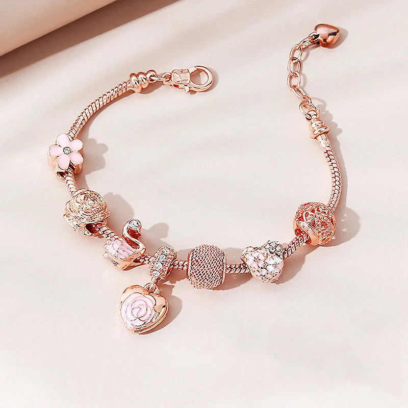 Personalized Chamm BraceletsLuxe6082 - Rose Heart & Swan Charm Bracelet