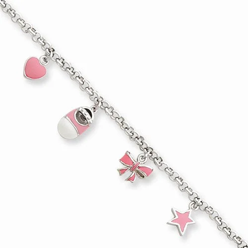 Personalized Chamm BraceletsSterling Silver Pink Enameled Baby Charm