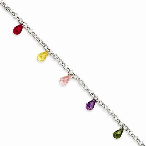 Chamm Bracelets for everyday wearSterling Silver Polished Dangling Multi-Colored Cz Bracelet Chamm Bracelets for everyday wearSterling Silver Polished Dangling Multi-Colored Cz Bracelet