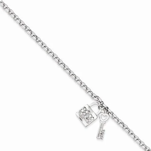 Chamm Bracelets with gemstonesSterling Silver Cz Lock & Key Dangle Rolo Bracelet