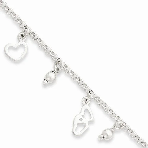 Affordable Chamm BraceletsSterling Silver Polished Heart & Bead Fancy Dangle Bracelet Affordable Chamm BraceletsSterling Silver Polished Heart & Bead Fancy Dangle Bracelet