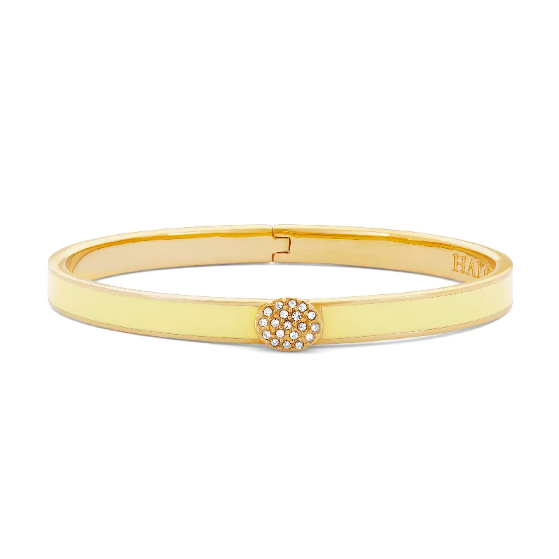 Enamel - Coated Bangles in Vibrant Rainbow Colors for a Playful StyleSkinny Pave Button Buttercup & Gold Bangle Enamel - Coated Bangles in Vibrant Rainbow Colors for a Playful StyleSkinny Pave Button Buttercup & Gold Bangle