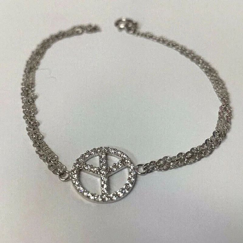 Chamm Bracelets for yoga loversPeace Sign Charm Sterling Silver Double Chain Bracelet