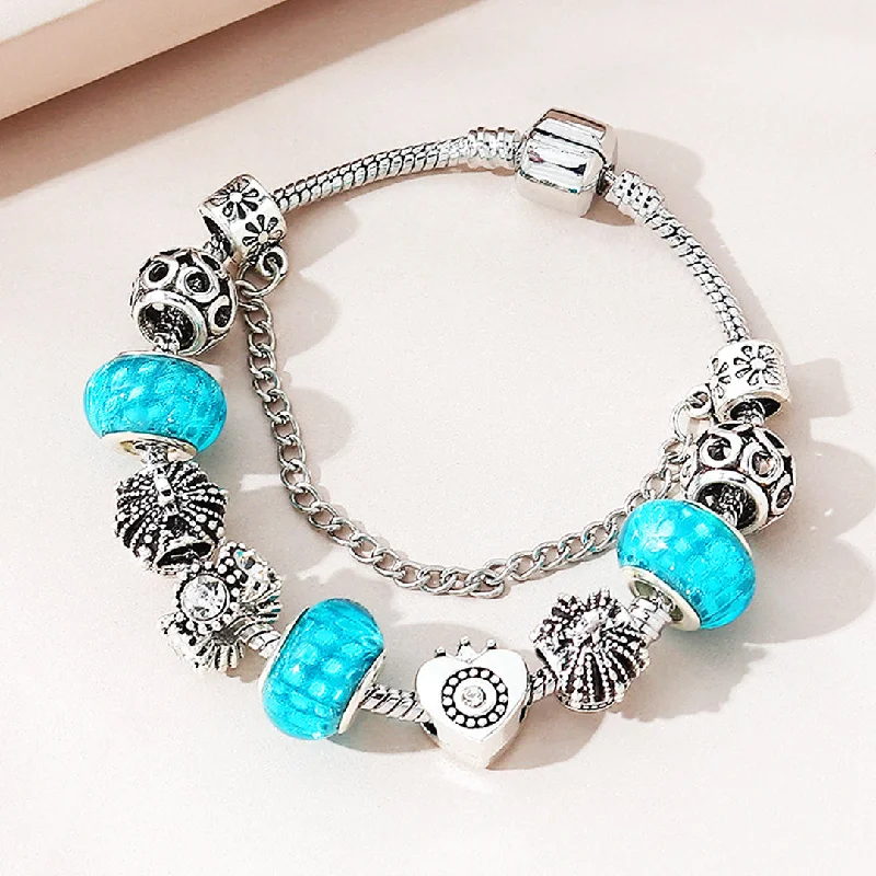 Chamm Bracelets for festivalsLuxe6223 - Vintage Heart with Blue Beads Charm Bracelet