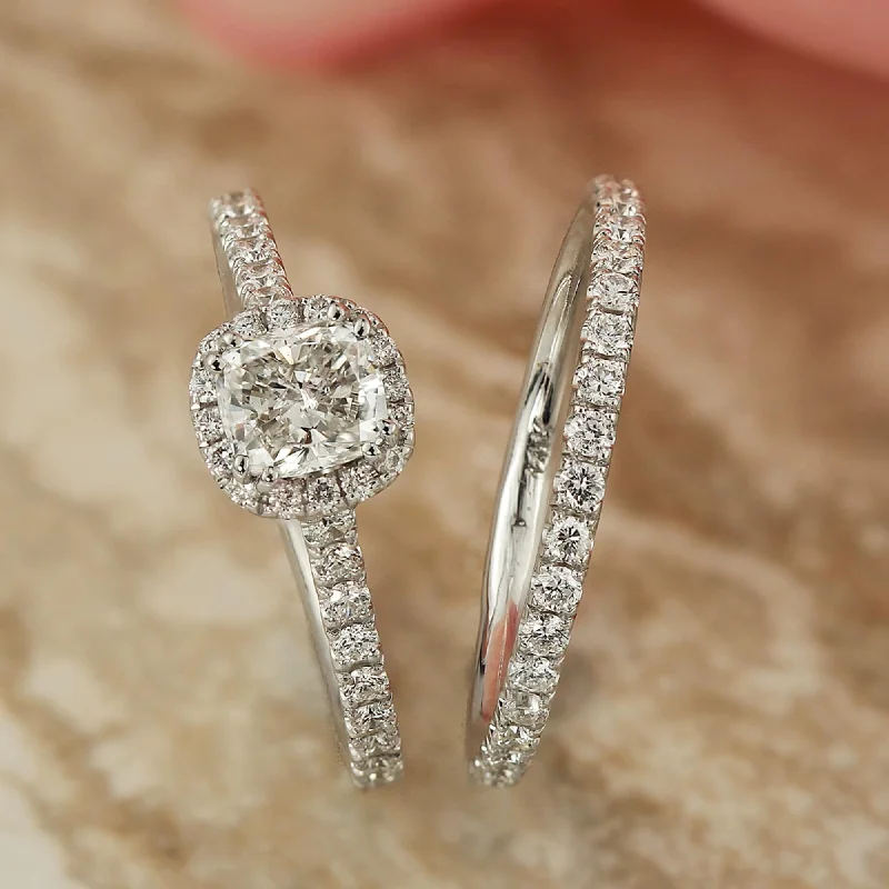 Cushion - Cut Halo Engagement Rings with a Platinum Band and Micro - Pave DetailsAuriya 1 3/4ctw Cushion Cut Halo Diamond Engagement Ring Set 14K Gold Certified