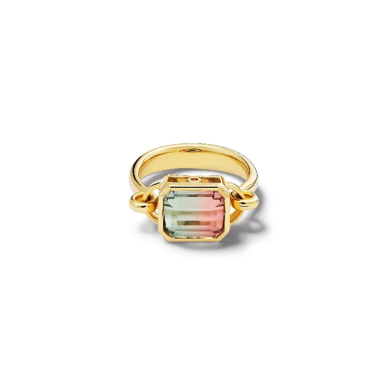 Vintage - Inspired Engagement Rings with Filigree Work and Emerald - Cut Center StoneBaguette Ring 18ct Yellow Gold - Watermelon Tourmaline Vintage - Inspired Engagement Rings with Filigree Work and Emerald - Cut Center StoneBaguette Ring 18ct Yellow Gold - Watermelon Tourmaline