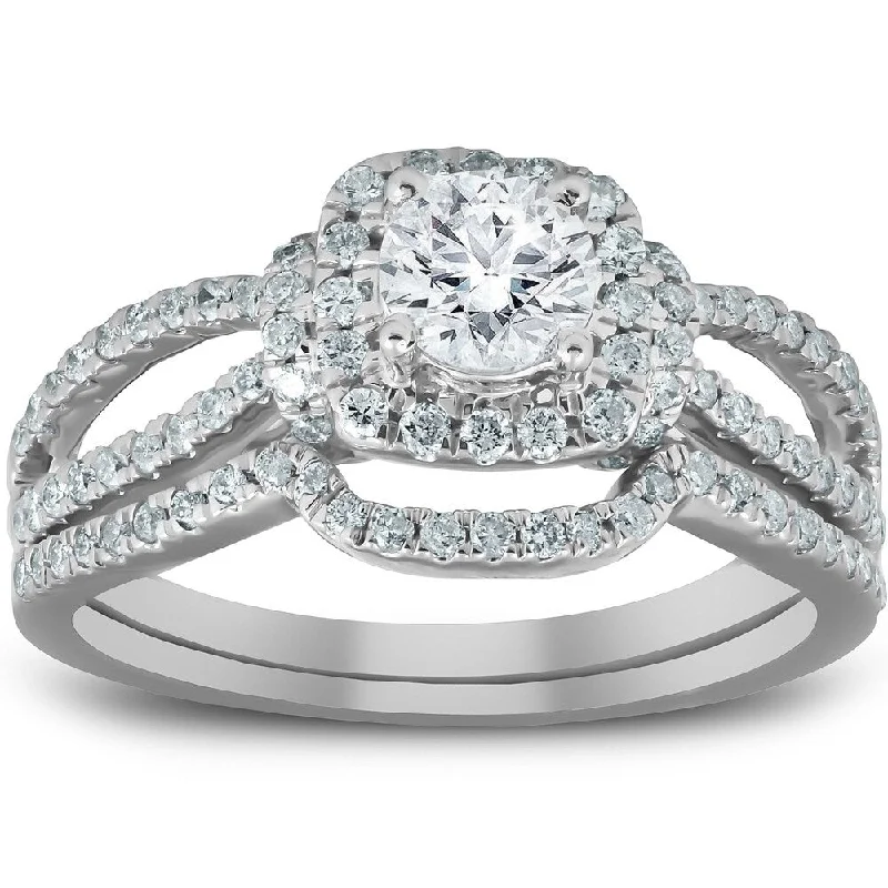 Rose Gold - Plated Engagement and Wedding Band Sets with a Halo of Cubic Zirconia for a Glamorous and Affordable LookPompeii3 10k White Gold 1 1/4 Ct TDW Cushion Halo Round Diamond Engagement Ring Matching Wedding Band Set Rose Gold - Plated Engagement and Wedding Band Sets with a Halo of Cubic Zirconia for a Glamorous and Affordable LookPompeii3 10k White Gold 1 1/4 Ct TDW Cushion Halo Round Diamond Engagement Ring Matching Wedding Band Set