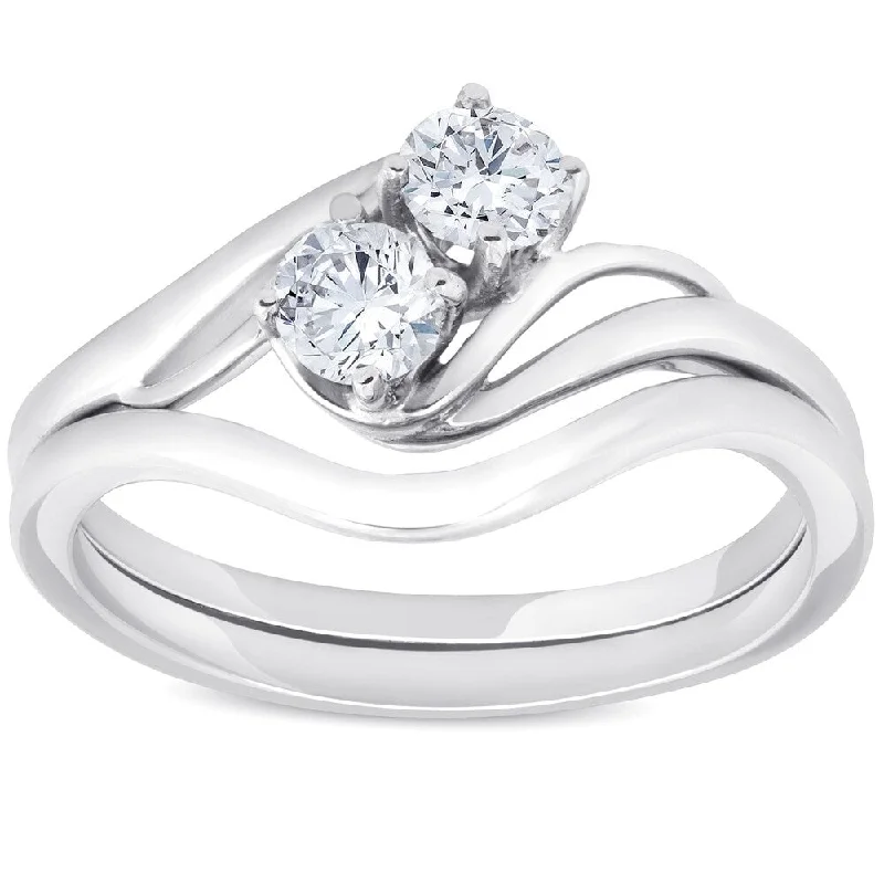 Art Deco - Inspired Wedding Bands with Geometric Patterns in Platinum for a Retro and Glamorous StylePompeii3 14K White Gold 5/8 ct TDW Two Stone Diamond Engagment Wedding Ring Set
