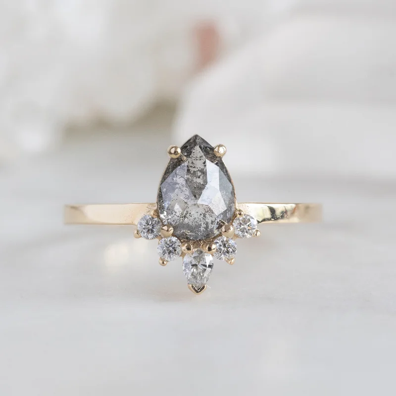 Classic Round Cut Engagement Rings with Platinum Prongs and Halo Setting for Timeless EleganceThe Aster Ring | 0.96ct Pear Grey Diamond in 14k Yellow Gold Classic Round Cut Engagement Rings with Platinum Prongs and Halo Setting for Timeless EleganceThe Aster Ring | 0.96ct Pear Grey Diamond in 14k Yellow Gold