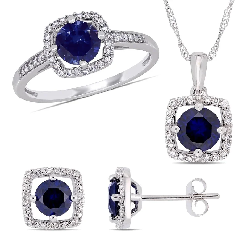 Tanzanite Gemstone Rings in 10K Gold with a Trilogy Design for a Sophisticated GiftMiadora 10k White Gold Created Blue Sapphire and 1/3ct TDW Diamond Floating Halo Jewelry Set Tanzanite Gemstone Rings in 10K Gold with a Trilogy Design for a Sophisticated GiftMiadora 10k White Gold Created Blue Sapphire and 1/3ct TDW Diamond Floating Halo Jewelry Set