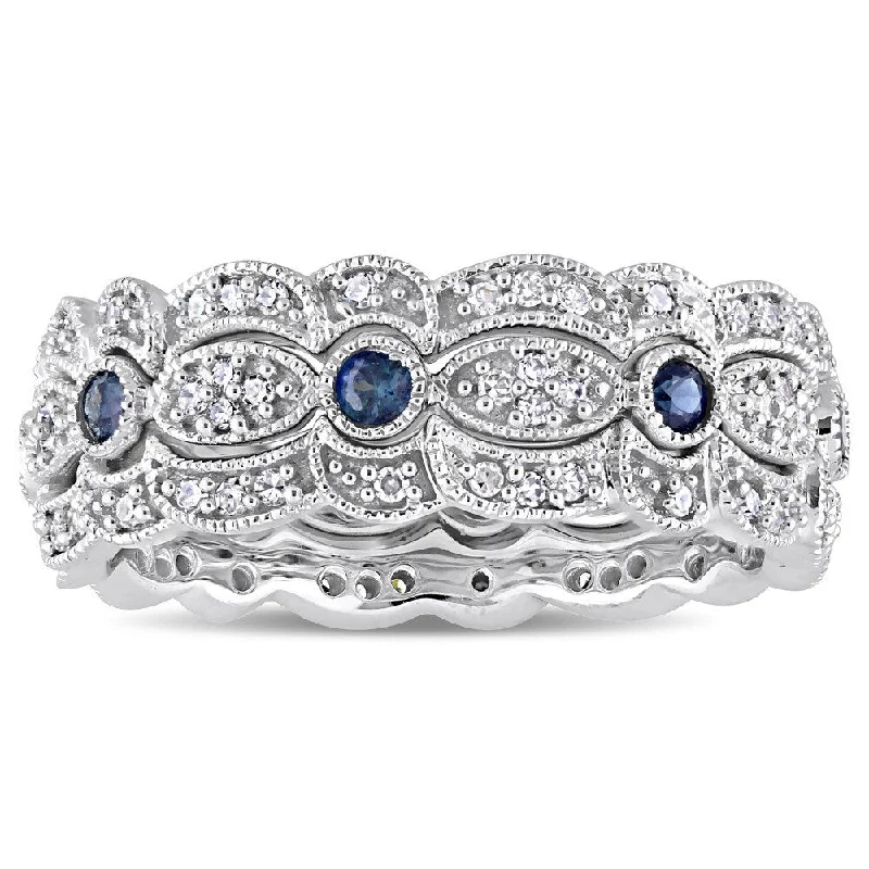 Emerald Gemstone Rings Set in Platinum with Filigree Work for a Vintage - Inspired LookMiadora Signature Collection 14k White Gold Sapphire and 2/5ct TDW Diamond Milgrain Filigree 3-Piece Stacking Ring Set - Blue Emerald Gemstone Rings Set in Platinum with Filigree Work for a Vintage - Inspired LookMiadora Signature Collection 14k White Gold Sapphire and 2/5ct TDW Diamond Milgrain Filigree 3-Piece Stacking Ring Set - Blue