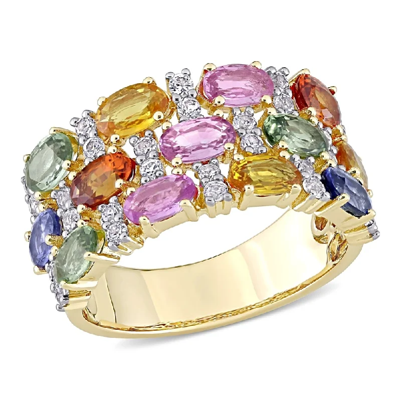 Aquamarine Gemstone Rings in 9K Gold with a Bezel Setting for a Modern and Secure FitOval-Cut Multi-Color Sapphire Semi-Eternity 3-Row Anniversary Band in 14k Yellow Gold by Miadora Aquamarine Gemstone Rings in 9K Gold with a Bezel Setting for a Modern and Secure FitOval-Cut Multi-Color Sapphire Semi-Eternity 3-Row Anniversary Band in 14k Yellow Gold by Miadora