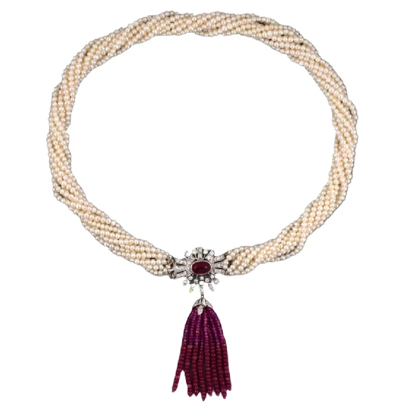 Heart - Shaped Garnet Pendant Necklace with a Pearl - Accented Chain for a Romantic Valentine's Day9-Strand Pearl Torsade Necklace with Rubies & Diamonds Heart - Shaped Garnet Pendant Necklace with a Pearl - Accented Chain for a Romantic Valentine's Day9-Strand Pearl Torsade Necklace with Rubies & Diamonds